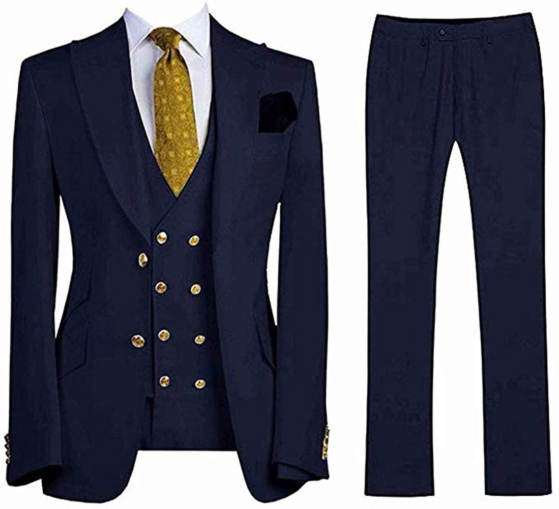 Leader of the Beauty Men's 3 Pieces Peak Lapel Business Suit Slim Fit Wedding Suits for Men Groom Tuxedos 52 chest/46waist Navy Blue