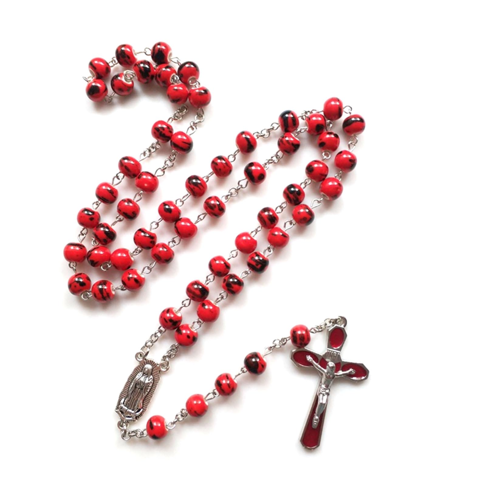 Tsophreniq Ceramic Bead Cross Rosary Necklaces Holy Jewelry Charm Ornaments for Birthday Wedding Festival Party Decorations Alloy Cross Pendant