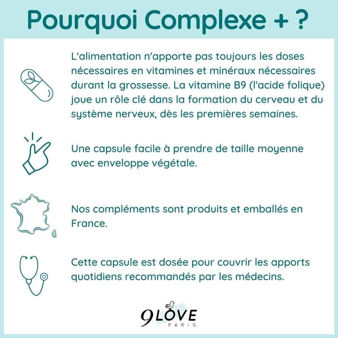 9LOVE - Acide Folique Vitamine B9 - Complément Grossesse, Conception et Fertilité - COMPLEXE+ 60 capsules - 13 Vitamines, Minéraux et compléments dont B12, D3, Iode, Zinc