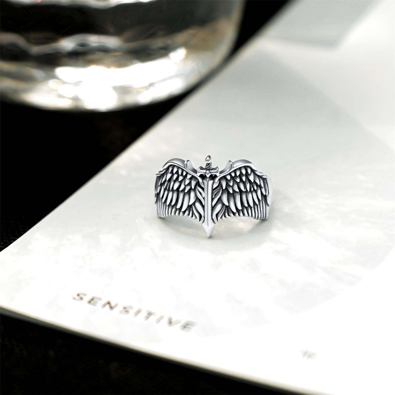 925 Sterling Silver Gothic Angel Wings Sword Ring Archangel Guardian Feather Vintage Rings Fashion Jewelry Gifts for Men Women10-12 Sizes