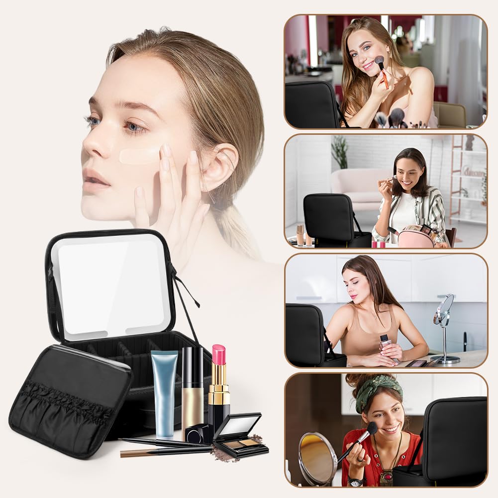 OSDUE Estuches de Maquillaje con Espejo Iluminado, PU Impermeable Maquillaje, Recargable Espejo LED (3 Colores y Regulación Continua) Profesional Neceseres de Viaje, EVA Compartimentos Ajustables Nero