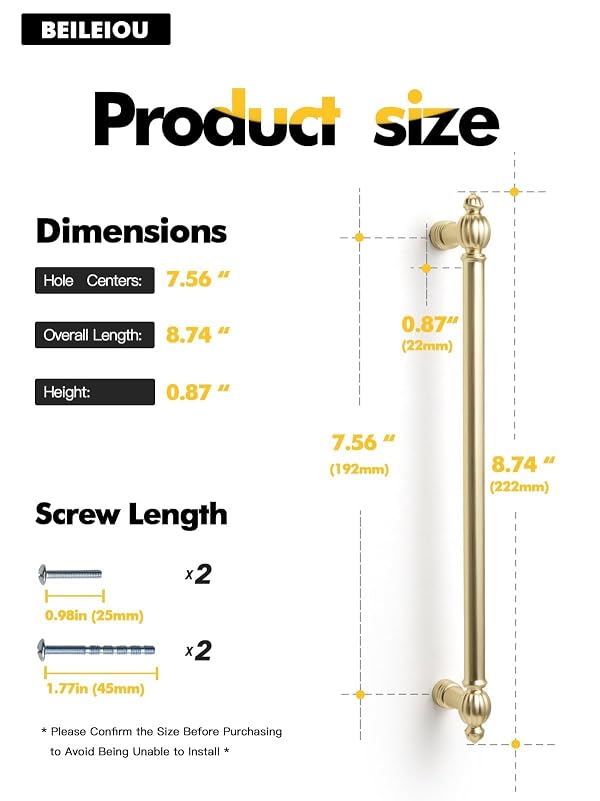 BEILEIOU Brushed Gold Zinc Alloy Cabinet Pulls - 7.56" (192mm) Hole Center Classic Vintage Drawer Handles,Kitchen Cupboard Bathroom Dresser Cabinet Hardware Handles by BEILEIOU - Used condition - Image 6