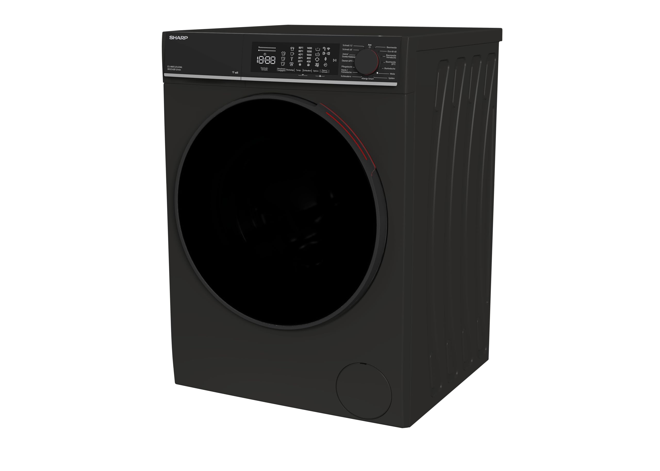 SHARP ES-MNFL814CMA-DE Waschmaschine Frontlader 8 kg, Energieeffizienzklasse A, 1400 U/min, Inverter Motor, AquaStop, Dampffunktion, MicroFiber-Filter, LED Touch Display – Mattschwarz