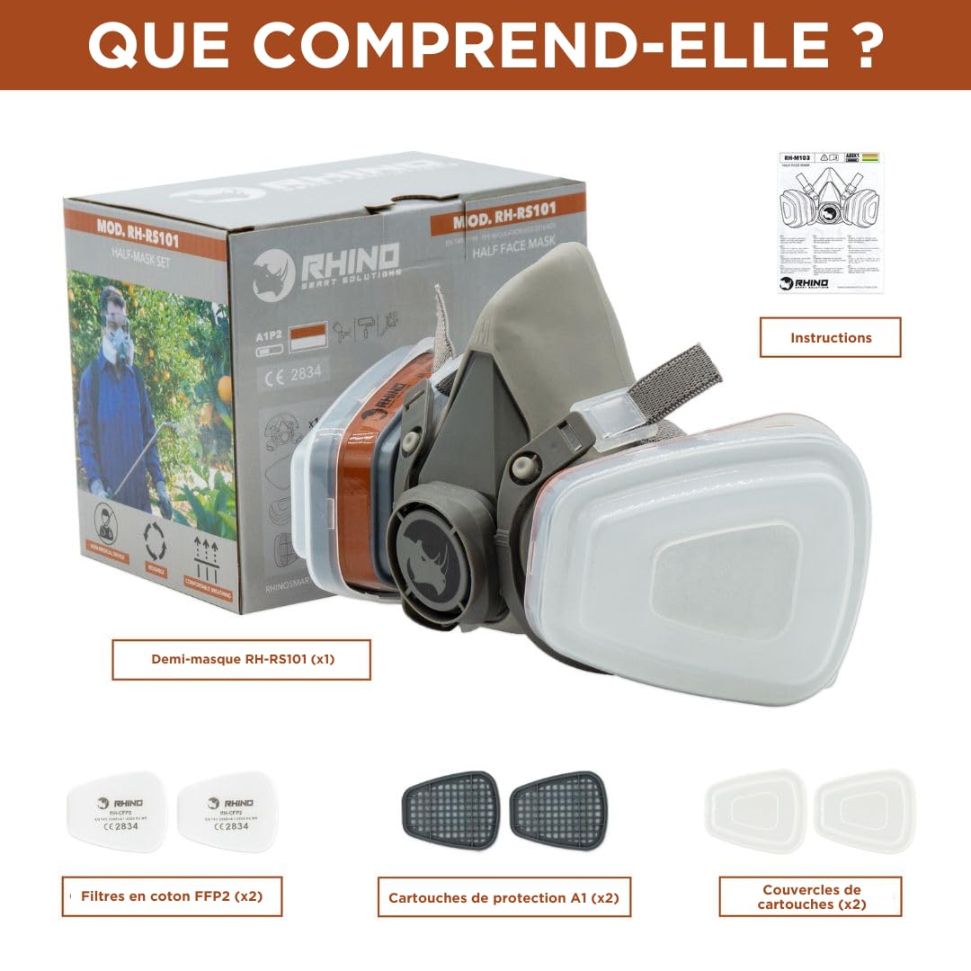 RHINO Housse de visage pour peinture, poussière, particules, produits chimiques, polissage machine vapeurs organiques, pollen et produits chimiques avec filtres cotons