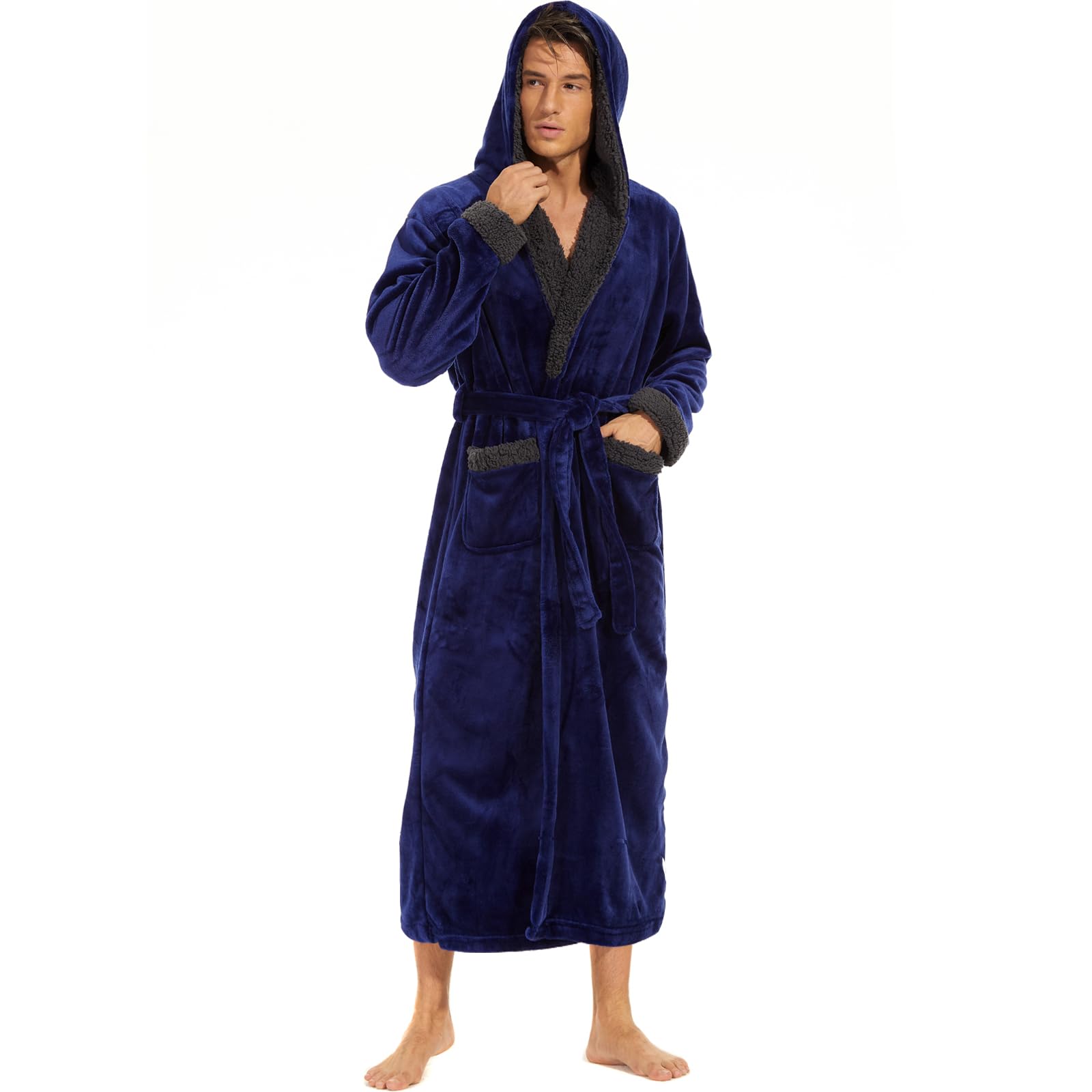 ccko Mens Robe with Hood, Big and Tall Warm Soft Plush Robes for Men, Men's Bathrobe with Pockets for Spa Bath Shower