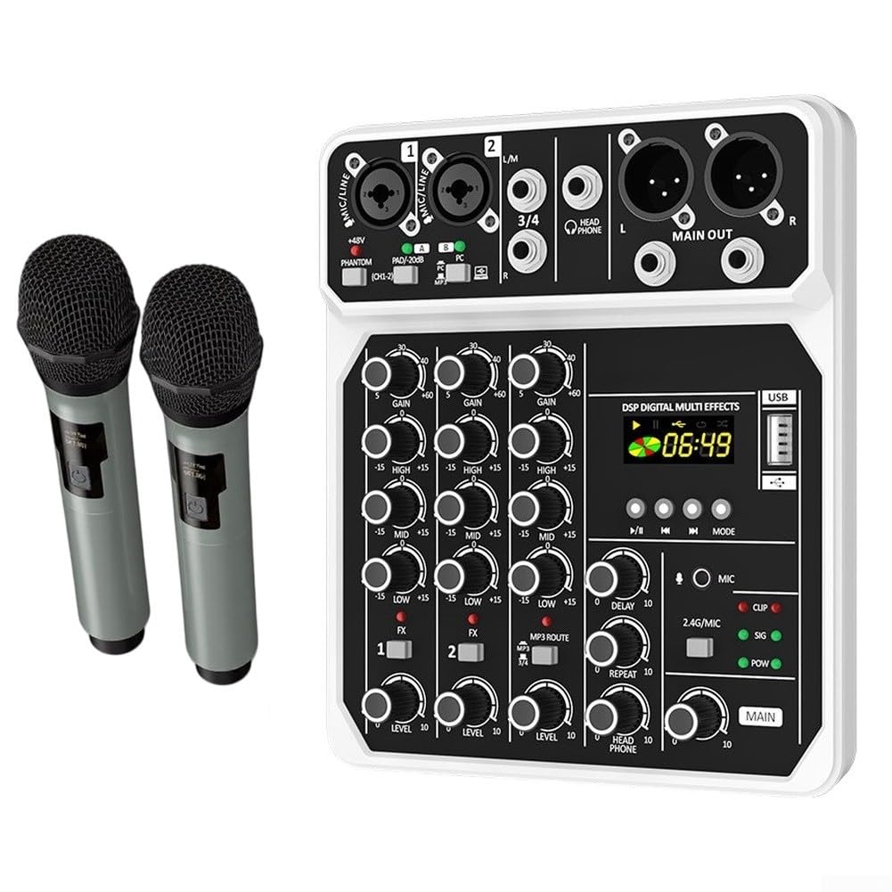 Tragbarer 4-K-Audio-Mixer mit 48-V-Unterstützung, für Mini-Mischpult mit integriertem MP3-Player und Dual-Mikrofonen für Bühneneinsatz