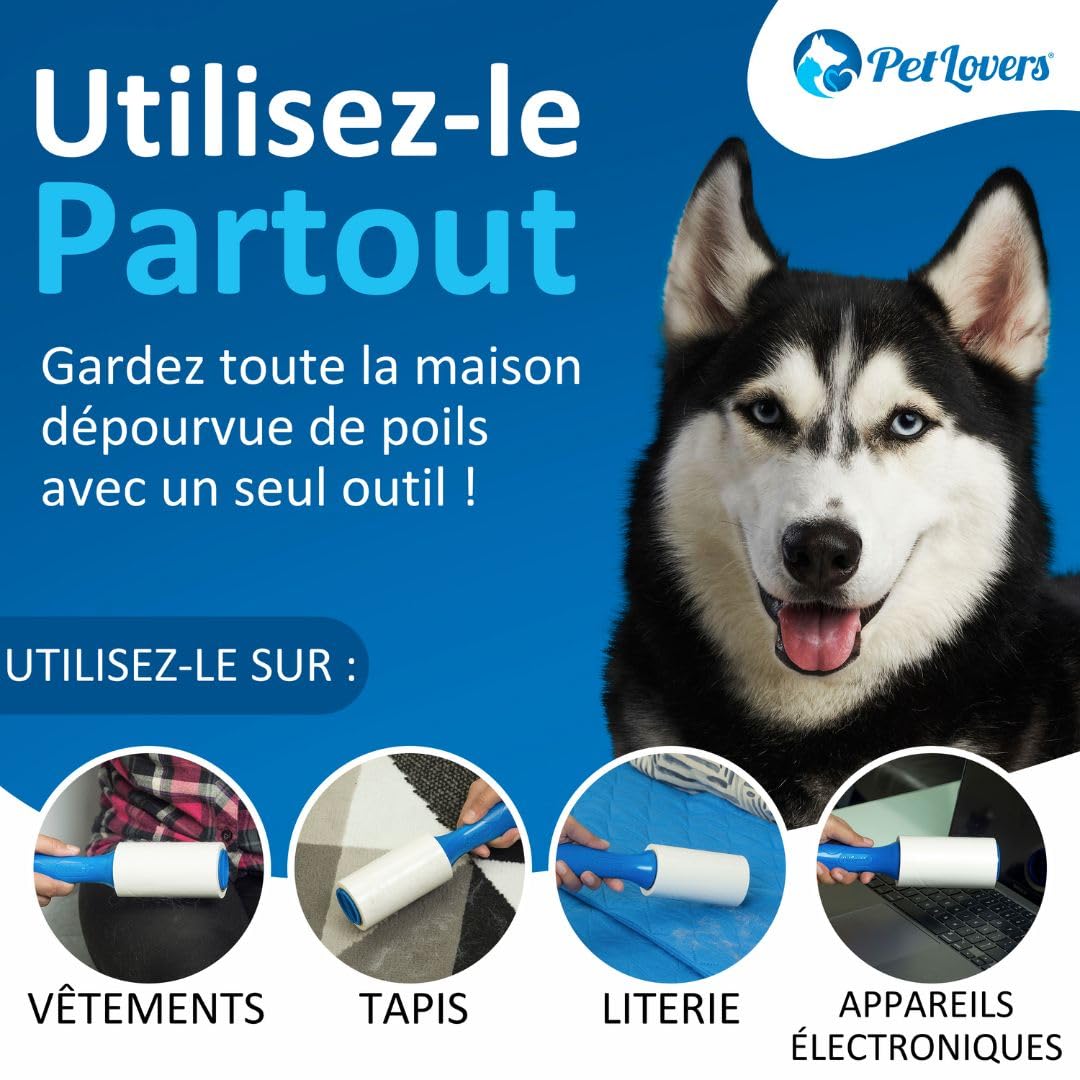 PetLovers Lot de 4 Rouleaux Anti-Peluches Extra Collants pour l'épilation des Animaux de Compagnie pour enlever Les Peluches de Chiens et de Chats (2 Rouleaux- 2 recharges)