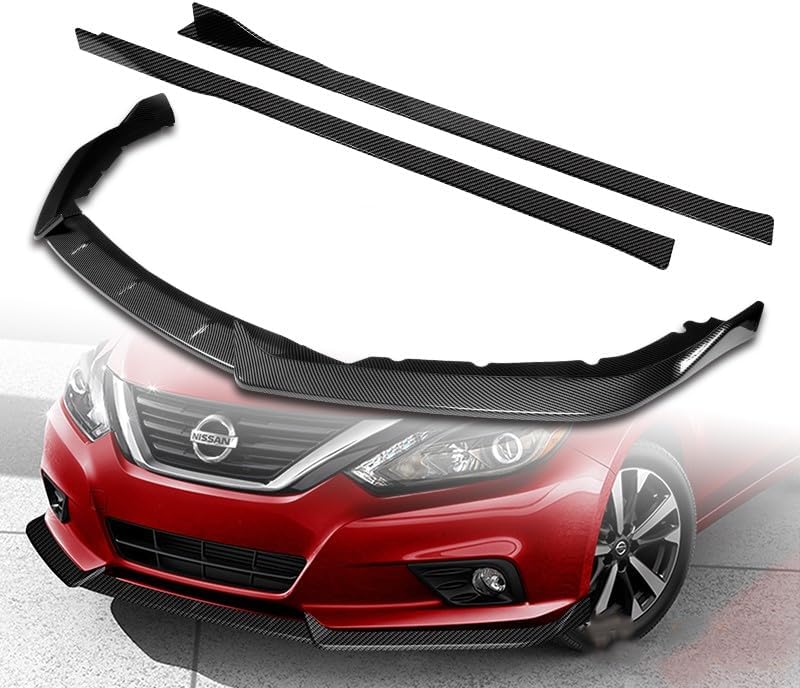 9pcs Combo Front Bumper Body Kit Lip + Side Skirt Extensions Diffuser Compatible with 2016-2018 Nissan Altima Sedan/4DR 2017 (Painted Carbon)