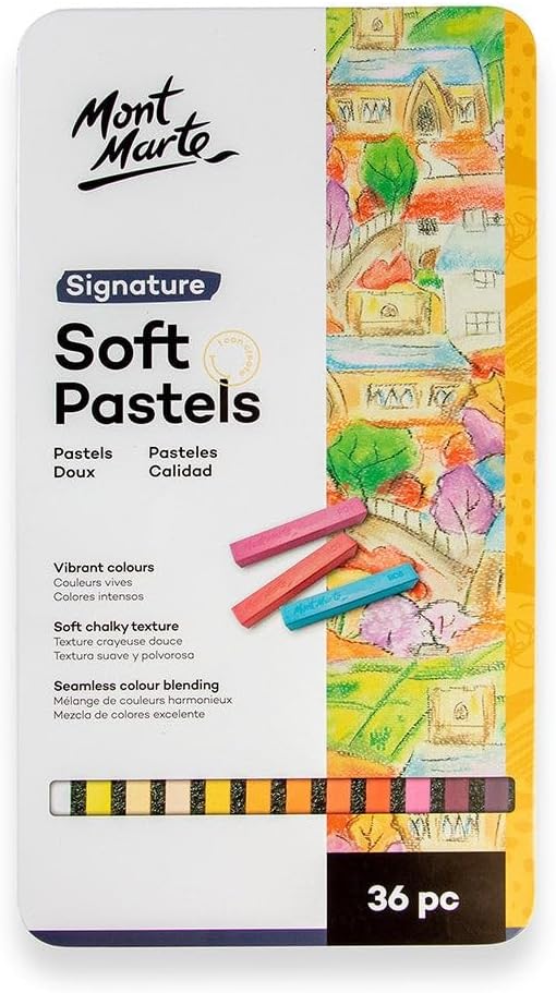 Mont Marte Soft Pastels in Tin Box Signature 36pc, 36 Assorted Colors, Vibrant Pastel Sticks, Great Blending, Comes in Storage Case, Ideal for Art, Craft, Coloring and Sketching
