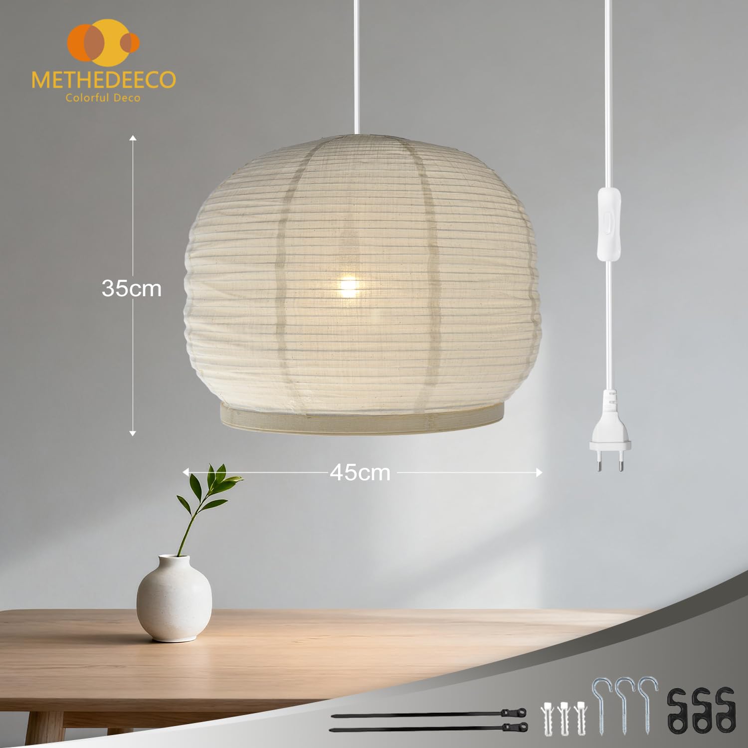 METHDEECO Hängelampe 45 x 35 cm aus Stoff und Bambus mit Stecker | Handgefertigt, Boho/Japandi Stil, Mit Schalter, Für Schlafzimmer, Wohnzimmer, Essbereich, Ohne Leuchtmittel
