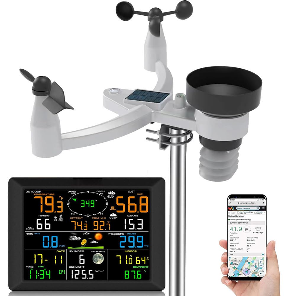 Estación meteorológica 7 en 1 con sensor exterior, sistema de monitoreo meteorológico WiFi, estaciones meteorológicas inalámbricas con energía solar con pronóstico del tiempo, medidor de temperatura y