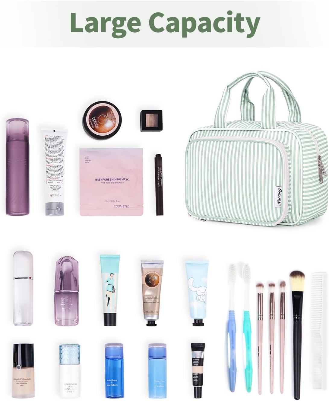 Narwey Large Travel Toiletry Bag for Traveling Women, Cosmetic Makeup Bag Make Up Organizer, Striped Travel Bag for Toiletries with Handle (Mint Green Stripe) - Image 4