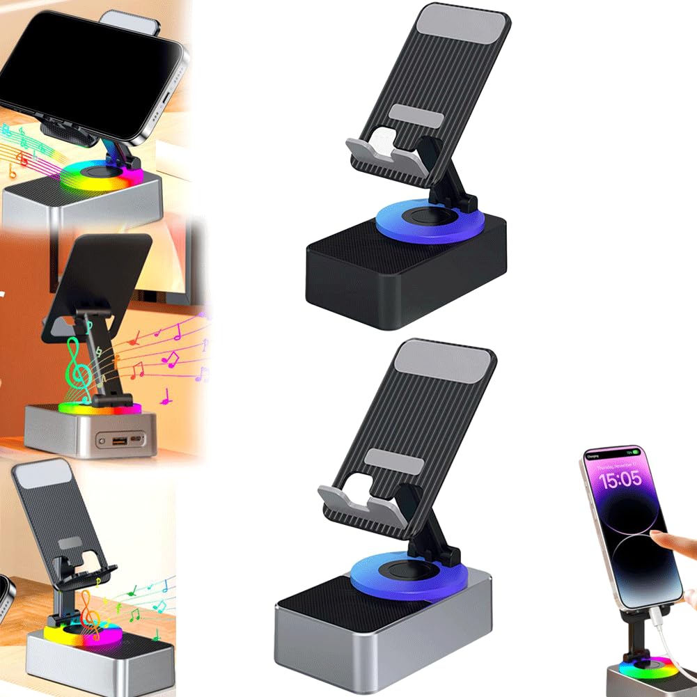 Cell Phone Stand with Wireless Bluetooth Speaker,Foldable Audio Power Phone Holder with Wireless Bluetooth Speaker&Power Bank,Induction Bluetooth Speaker HD Surround Sound for Home and Outdoor