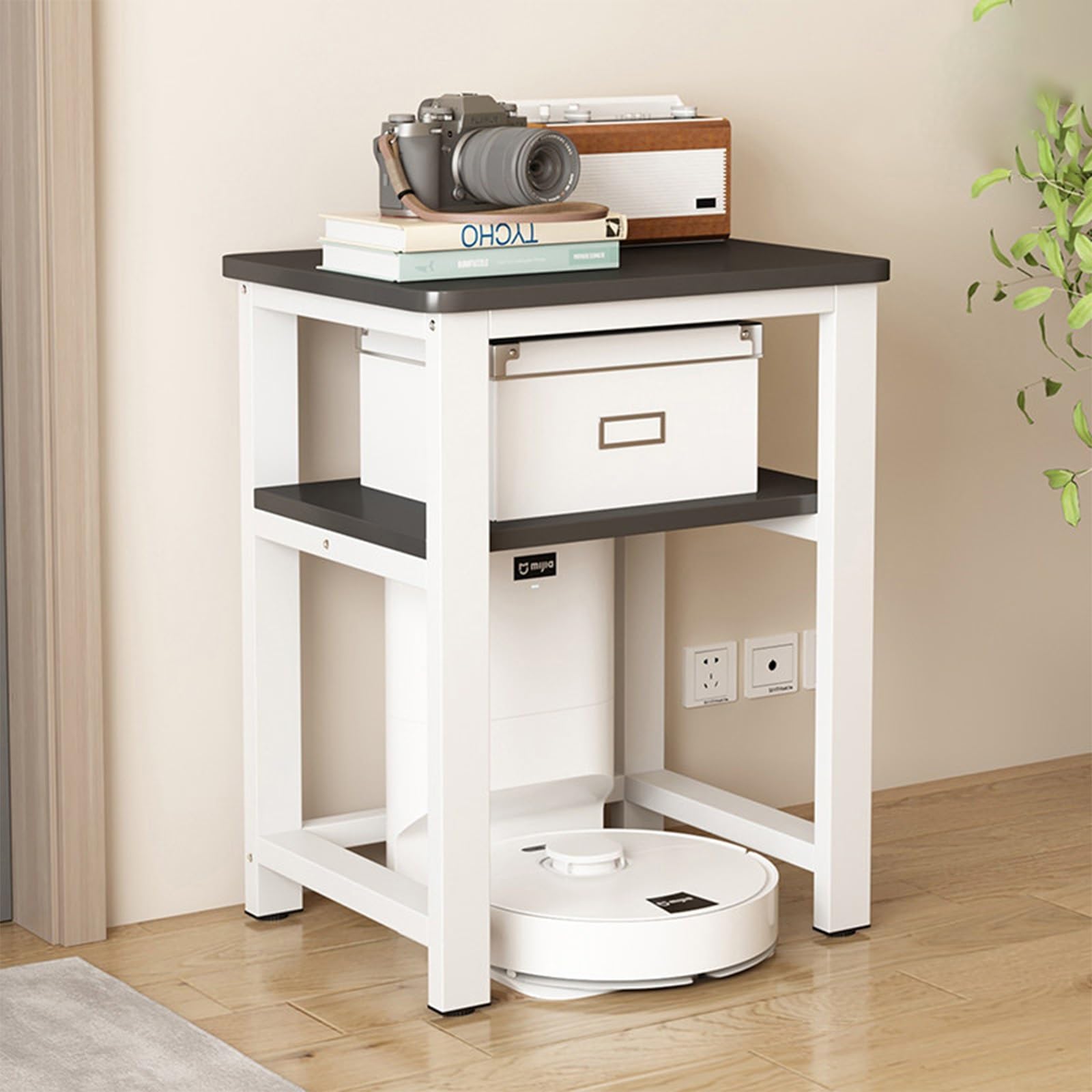 Stolik Boczny Do Akwarium Do Salonu Z Robotem Do Przechowywania Próżniowego | Wzmocniona metalowa rama utrzymuje ciężkie akwaria i rezerwuje miejsce na dnie(White+Black,39.4x19.7x31.5in)