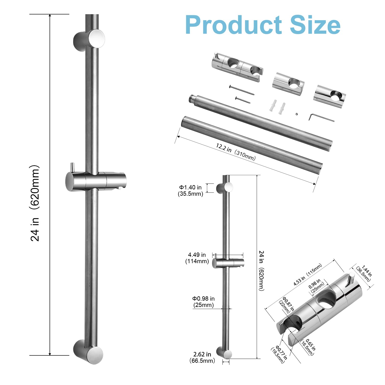 OFFO Shower Slide Bar Combo, 620mm（24 in） Segmental Slide Bar with 6-Mode High Pressure Handheld Shower Head and 60 in Stainless Steel Hose, Chrome - 4
