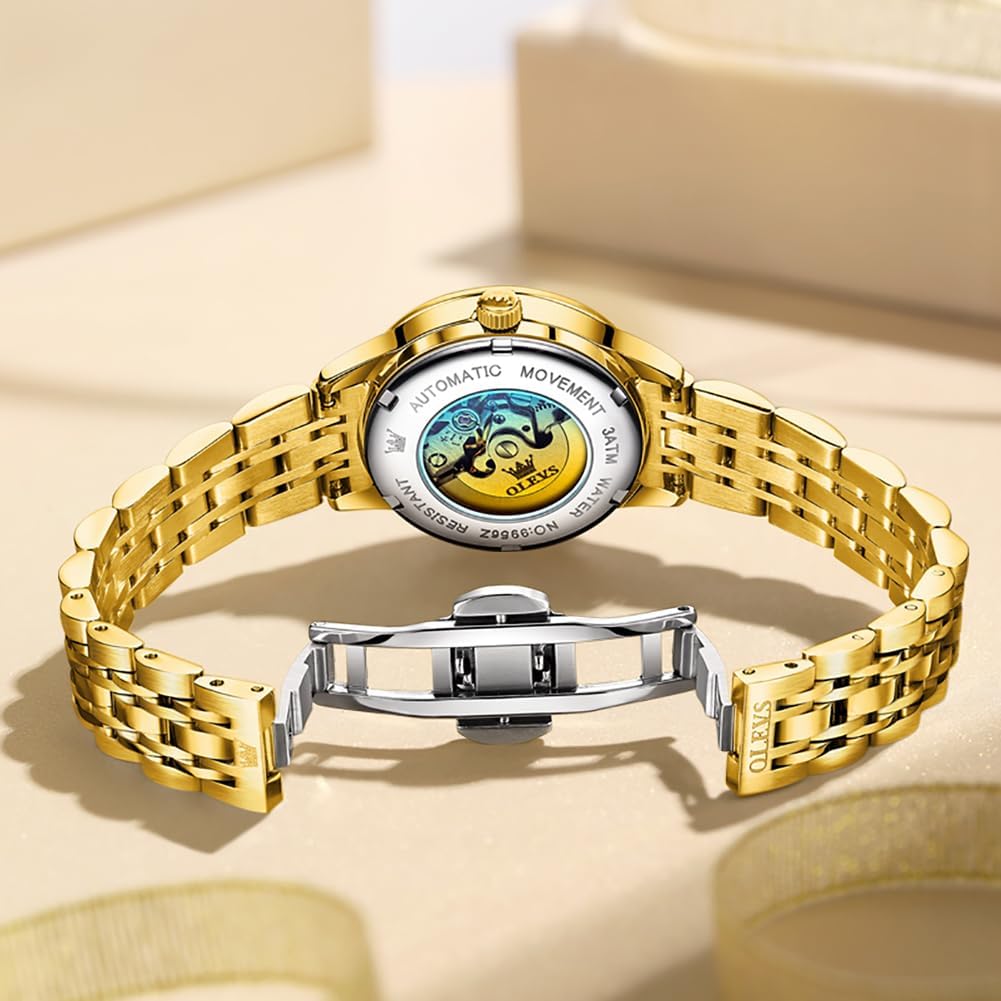 OLEVS Womens Automatic Watch Gold Luxury Diamond Self Winding Ladies Wrist Watches Waterproof Luminous Date - Image 2