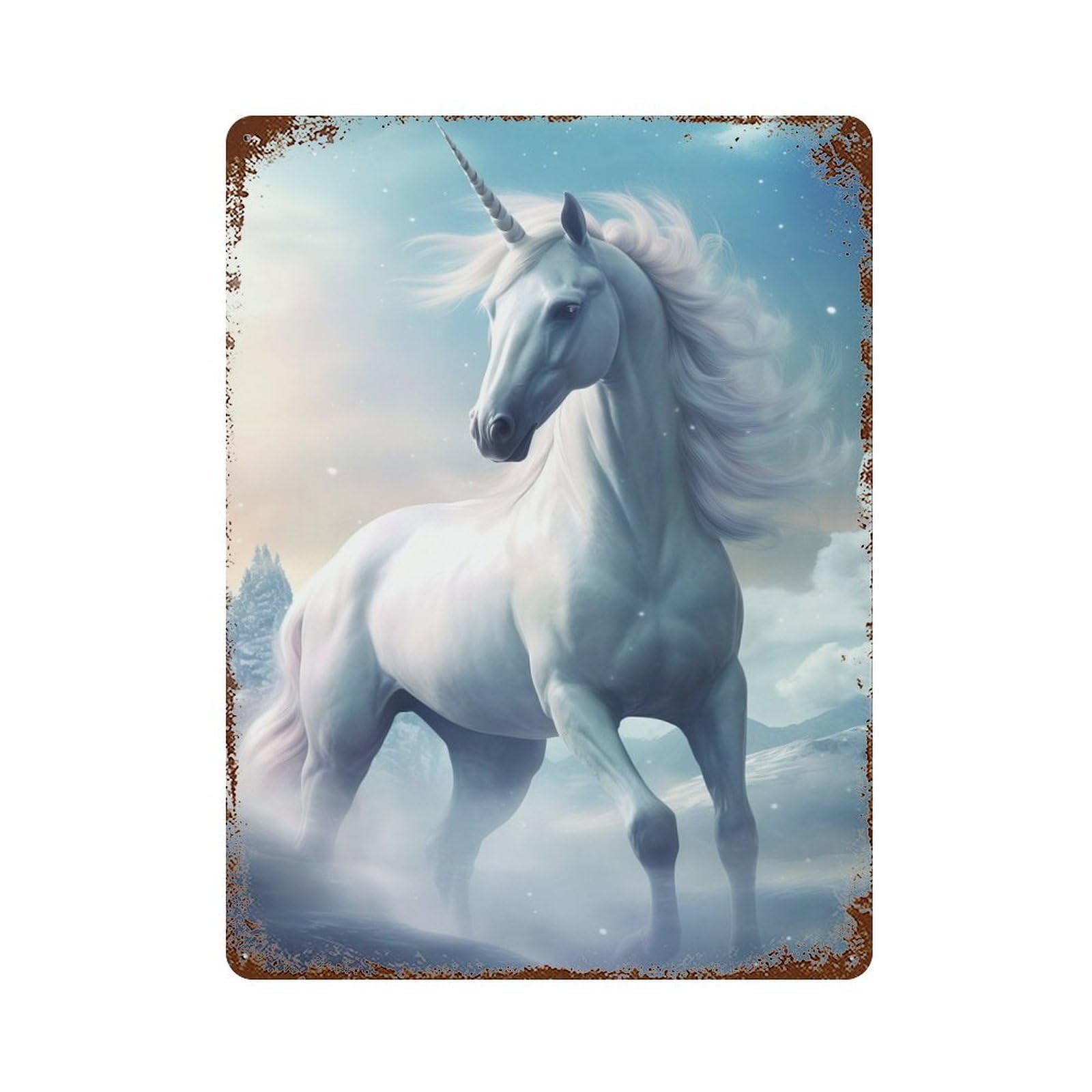 Decorative Tin Sign with Unicorn Snow Design 15.7"x11.8", for Garage, Bar And Workshop Decor, Farmhouse Wall Decor