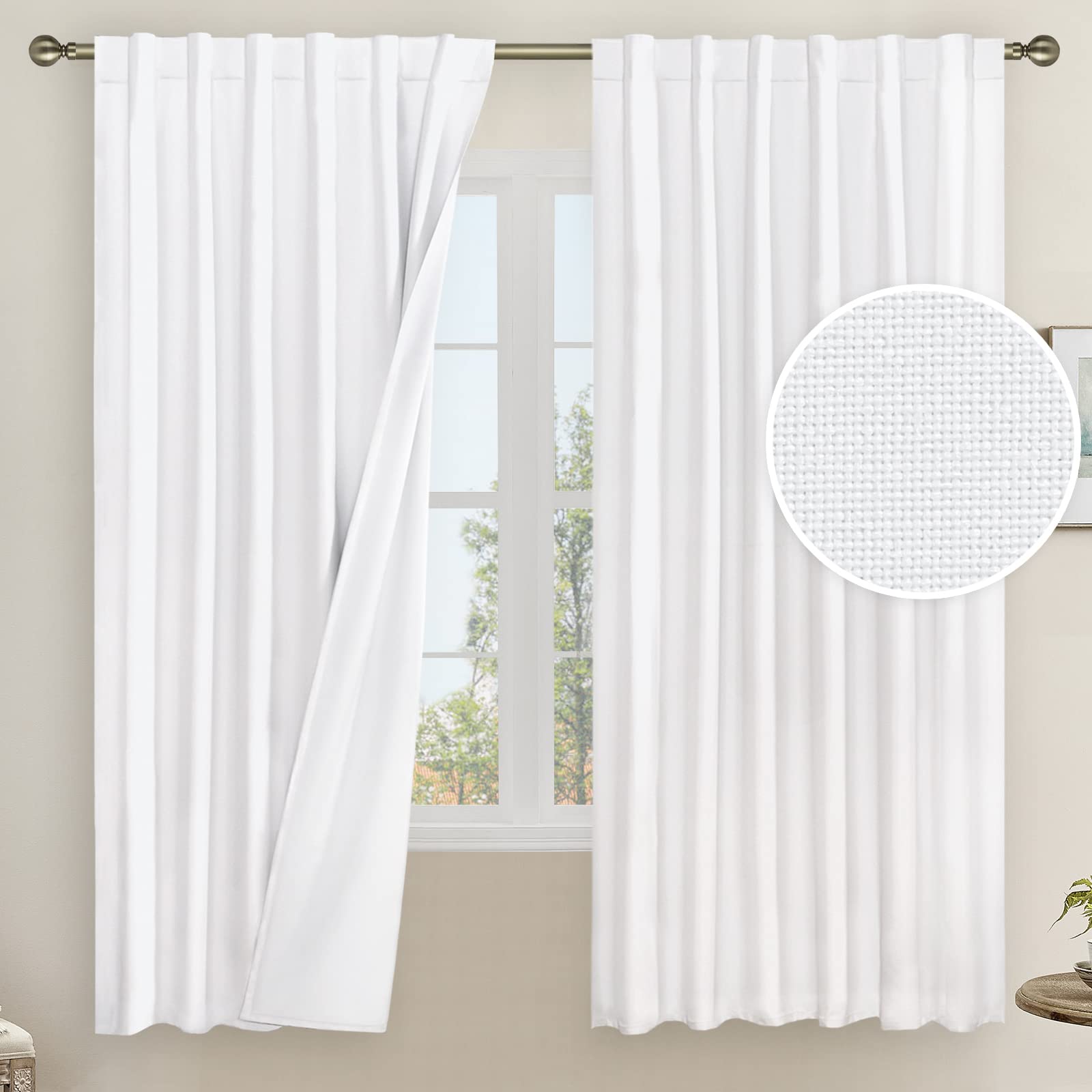 LAMIT 100% White Blackout Curtains for Bedroom, 63 Inches Linen Textured Thermal Curtains Back Tab and Rod Pocket Burlap Panels with White Liner for Farmhouse/Living Room, 2 Panels, 52 x 63 Inch