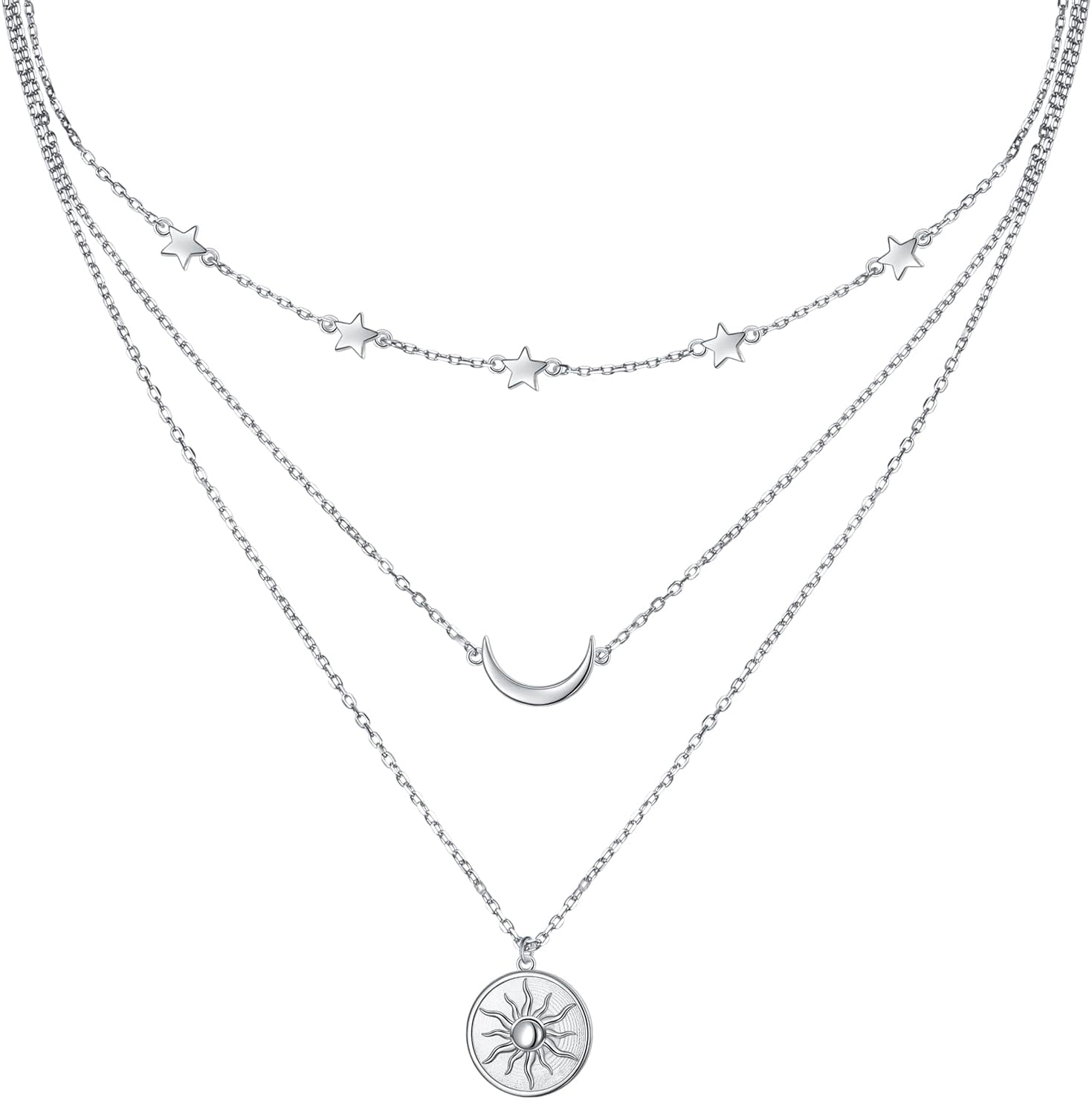 S925 Sterling Silver Layered Necklaces Multi 3 Layer Circle Bar Boho Long Triple Choker Pendant Necklace Jewerly Gift for Women