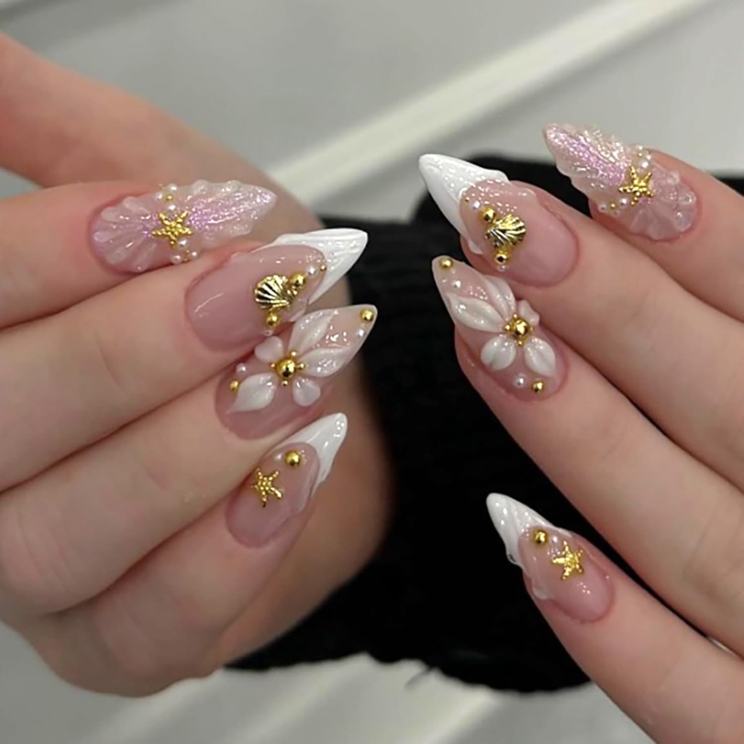 26-Piece Press Ons Nails Almond Kit, 3D Ice Flower Fake Nails Set with Jelly Adhesive and File, DIY Manicure Stick On Nails for Women-image-10
