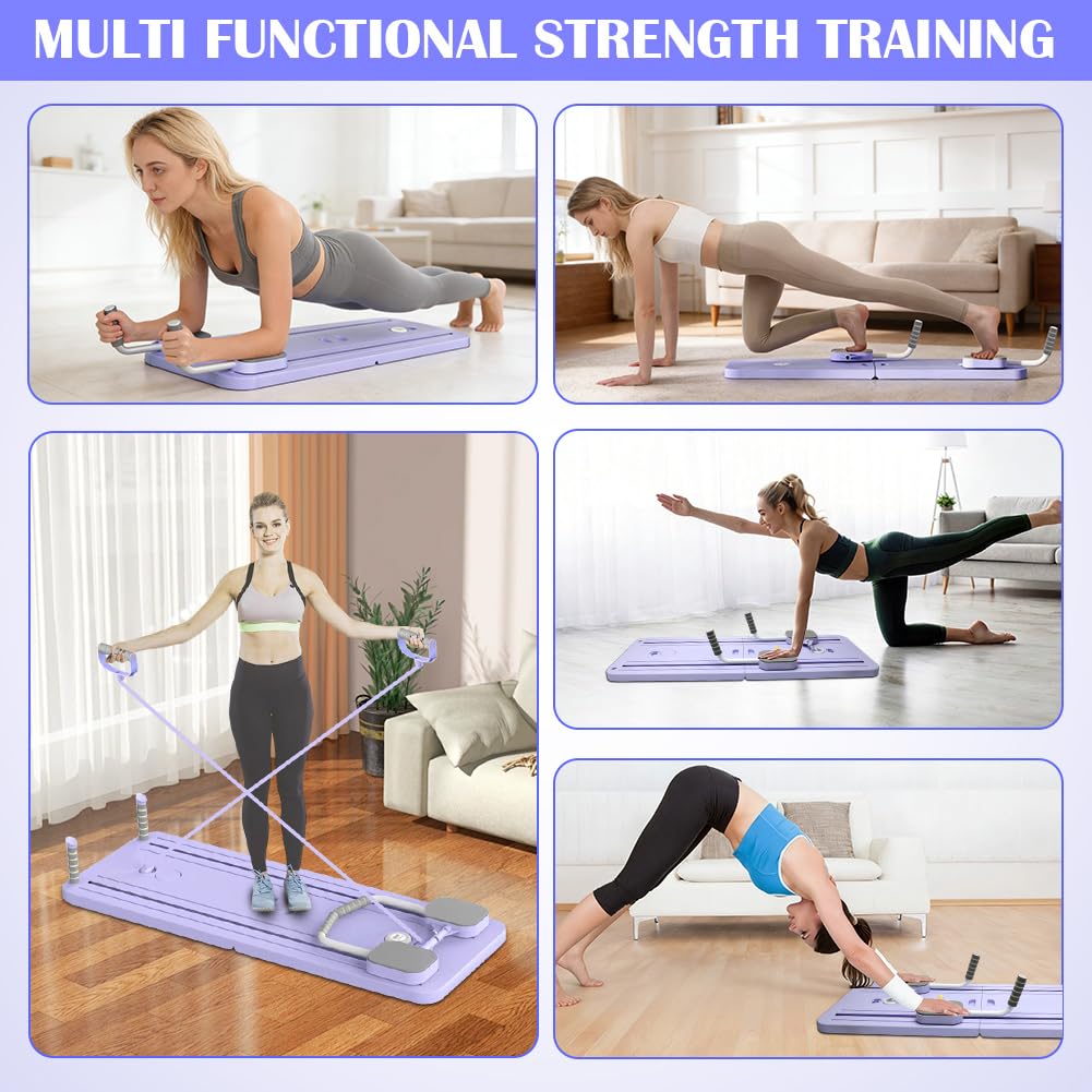 Pilates Board, Pilates Geräte mit Resistance Bands, Tragbares & Faltbares Core-Trainingsgerät für Zuhause, Vielseitige Pilates Reformer Board mit automatischem Rückprall, Ganzkörper Training