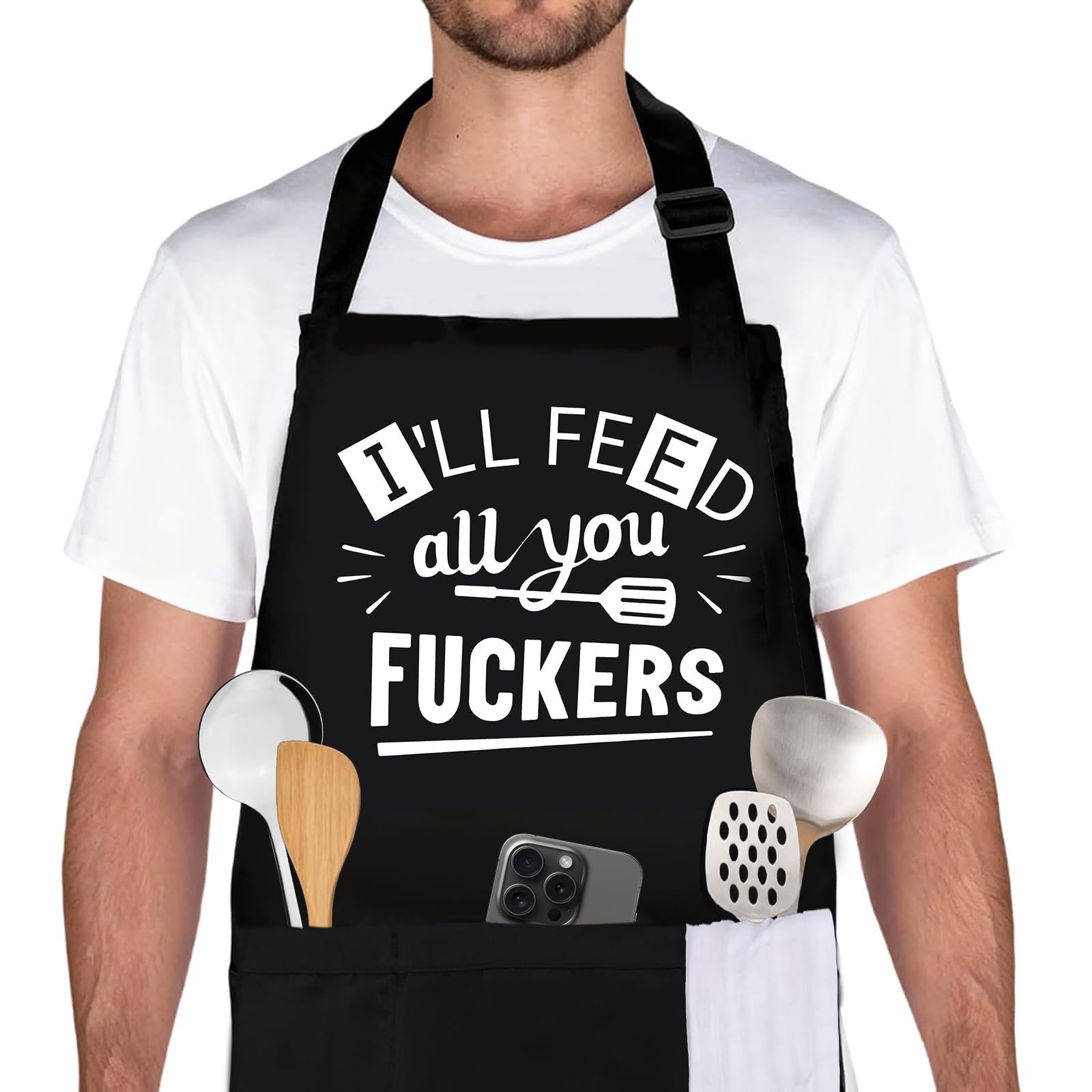 Belillpipi Adjustable Apron for Men- Funny Black BBQ Chef Aprons with 3 Pockets - Cooking Chef Aprons, Kitchen Cooking Grilling Apron Father’s Day Gifts for Men
