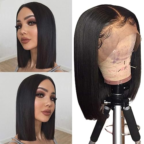 Geeta - Pelo humano con encaje frontal de 13 x 4 Pelucas Bob de 130 de densidad brasileño virgen cabello humano corto de altura hasta los hombros