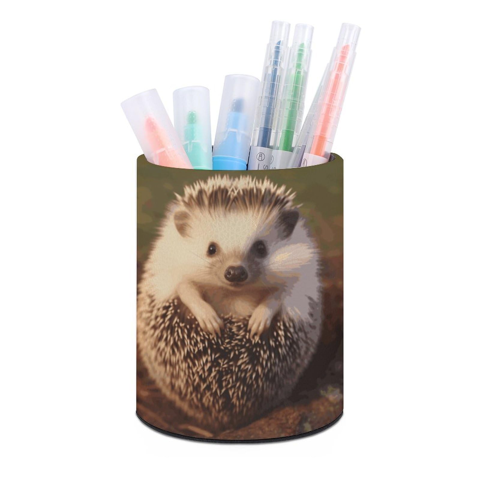 DWVTSLH Aesthetic Pen Holder for Desk - Modern Leather Pencil Holder - Stylish Round Makeup Brush Holder - Baby Hedgehog Pen Cup Cute And Functional Desk Organizer for Office Supplies