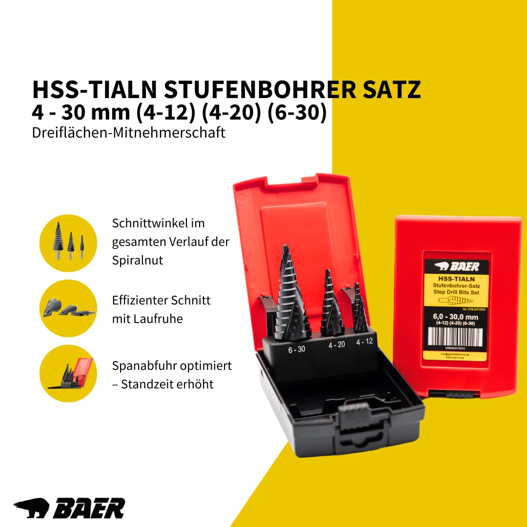 BAER Stufenbohrer Set 4-30 mm (4-12) (4-20) (6-30), HSS-TiAlN, Kegelbohrer, Schälbohrer, Konusbohrer, Baustähle, CrNi-Stähle, NE-Metalle & Edelstähle bis 6mm Stärke