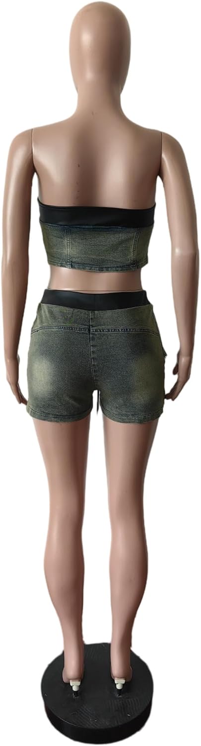 Women's Pants Suit Y2k Summer Clothing Fashion Sexy Drawstring Tube Top Elastic Stitching Stretch Shorts