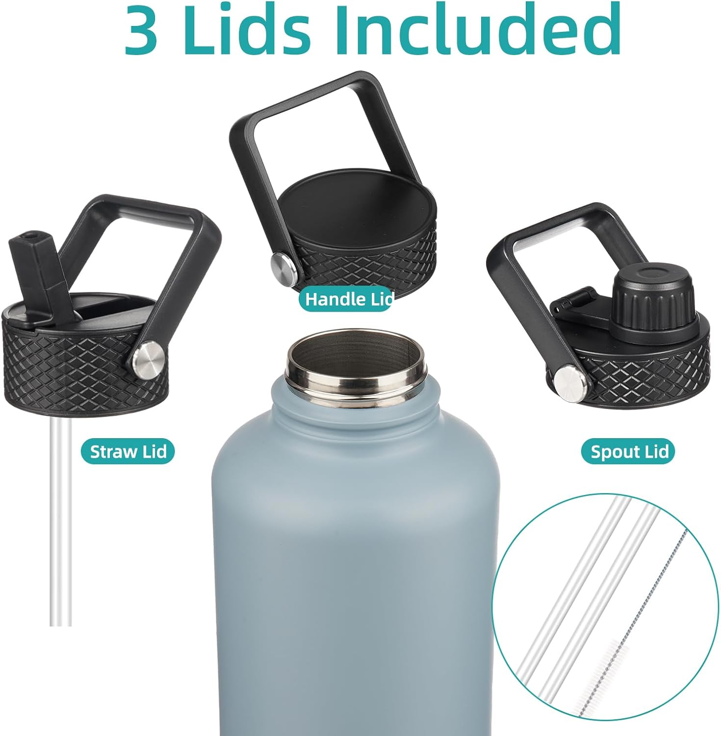 Insulated Water Bottle with Straw,50 oz 3 Lids Water Jug with Carrying Bag,Paracord Handle,Double Wall Vacuum Stainless Steel Metal Flask,Storm Blue - Image 4