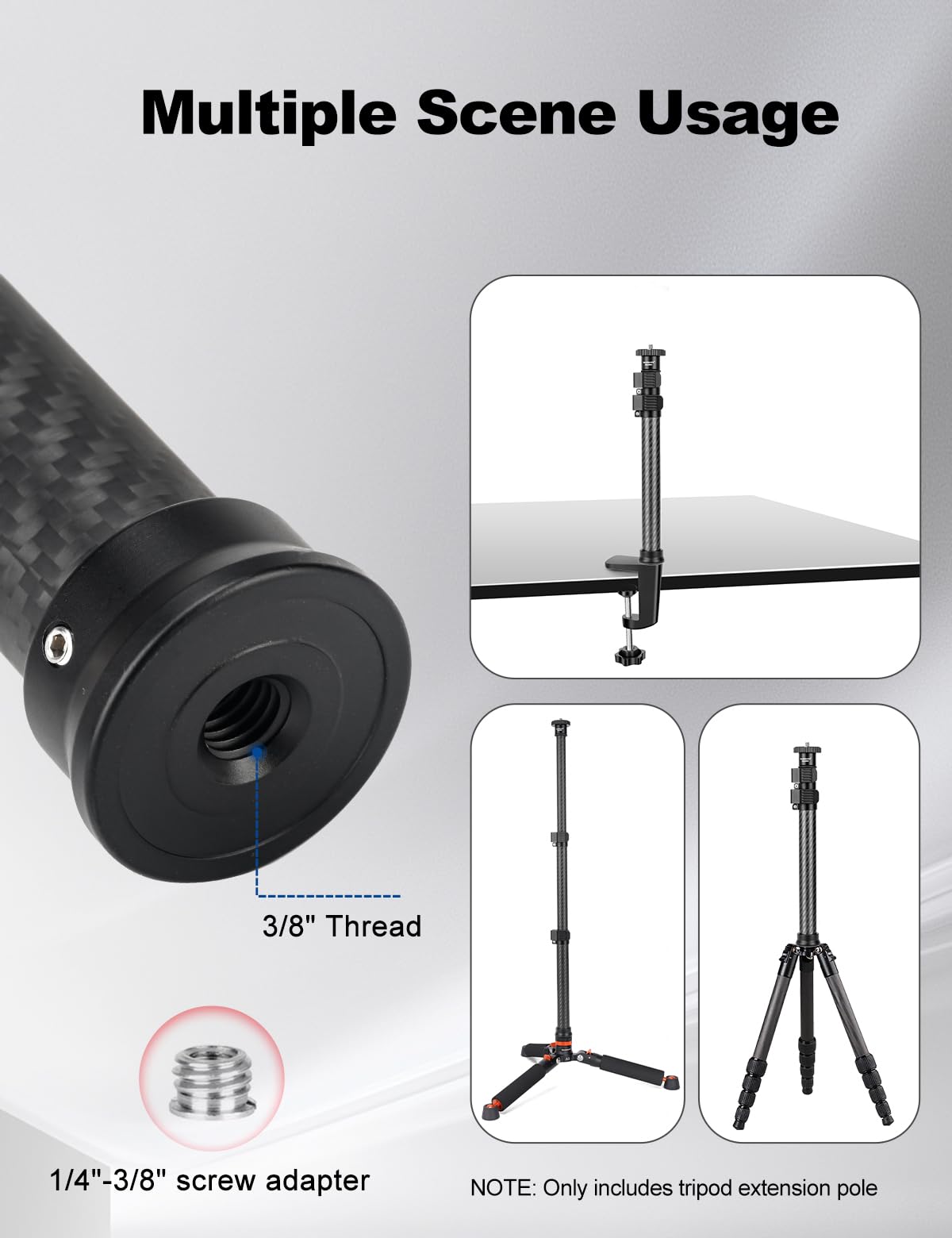 Koolehaoda Stativ Verlängerungsstange aus Kohlefaser, 3-Teilige Mittelsäule Verlängerung-Teleskopstange mit 1/4"- bis 3/8"-Schraube kompatibel mit Kameras/Stativen/Kugelköpfen/Gimbals