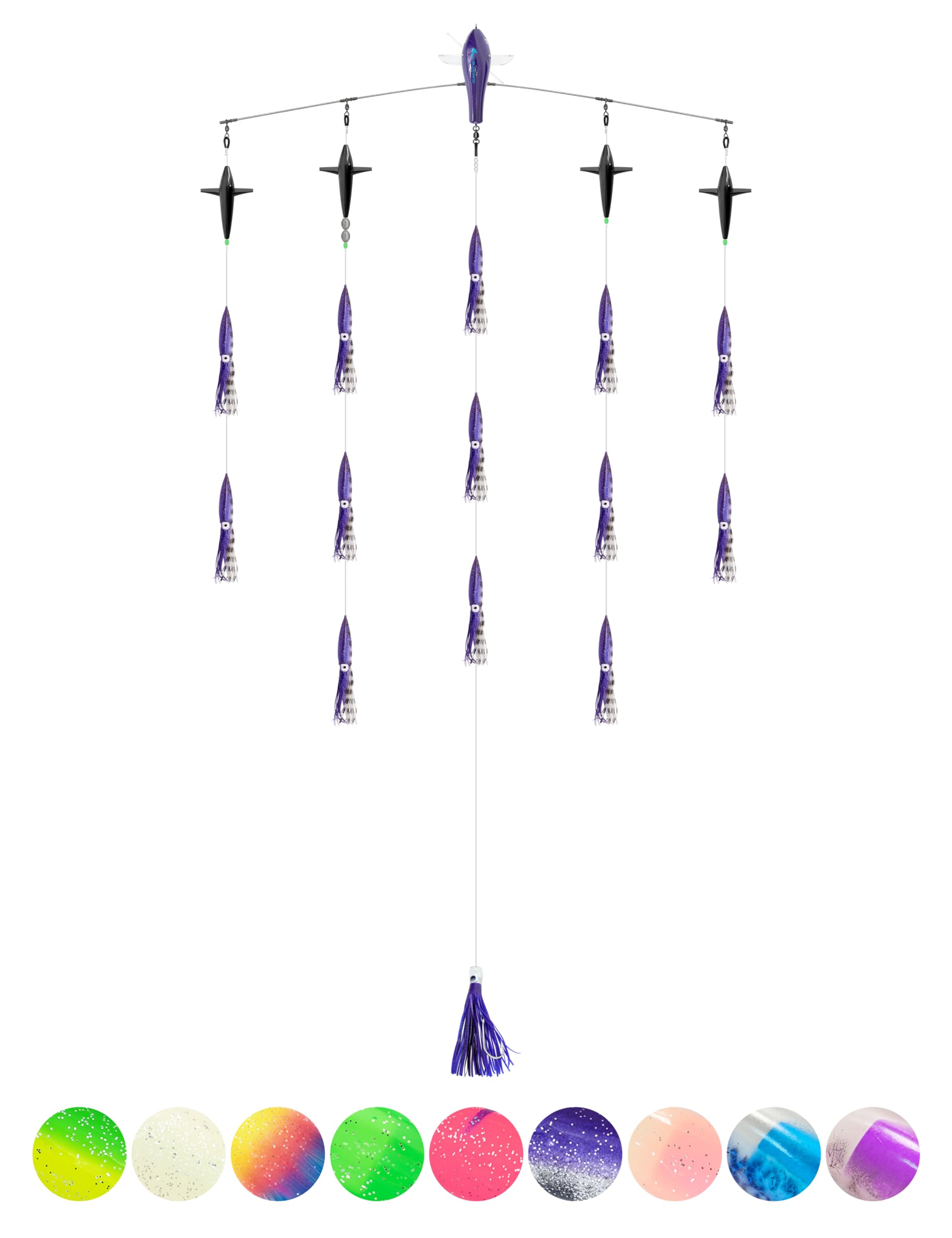 BLUEWING 36in Upgraded Fishing Spreader Bar Port Canyon with 9in Floating Squids, Trolling Birds, Big Game Trolling Lure and 316 Stainless Steel Rod for Wahoo Tuna Marlin Mahi Mahi, Black/Purple โ image 1
