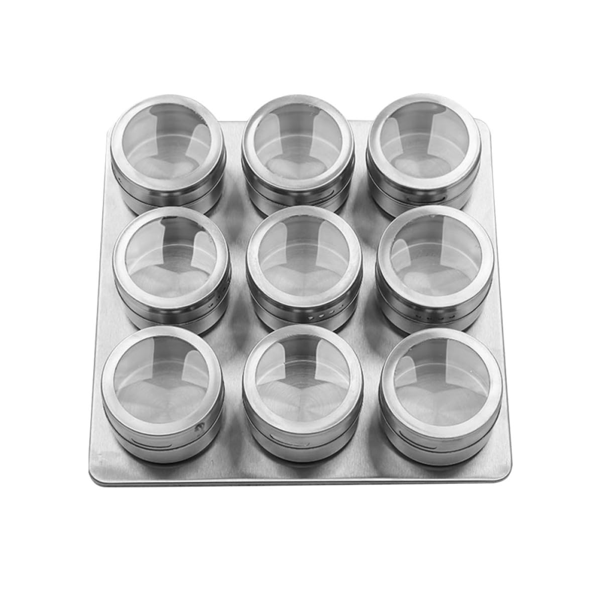 PRETYZOOM Tarros para Especias y Base Magnética para Almacenar Condimentos Set de 9 de Acero Inoxidable con Ventana Visible en Cocina o Barbacoa