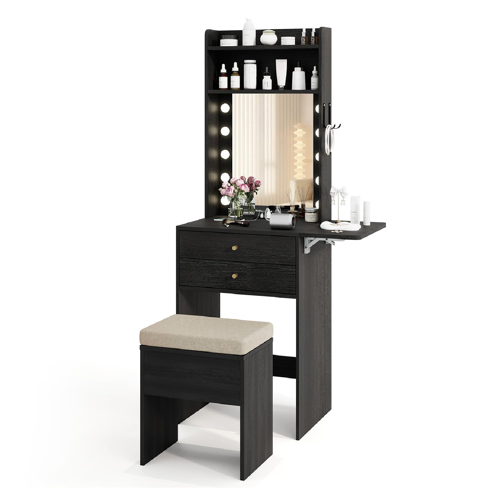 COSTWAY Small Dressing Table with 3-Color LED Lights Mirror and Stool, Drop-Leaf Makeup Table Vanity Desk with Charging Station, 2 Drawers, Storage Shelves and Hooks, Wooden Bedroom Dresser (Black)