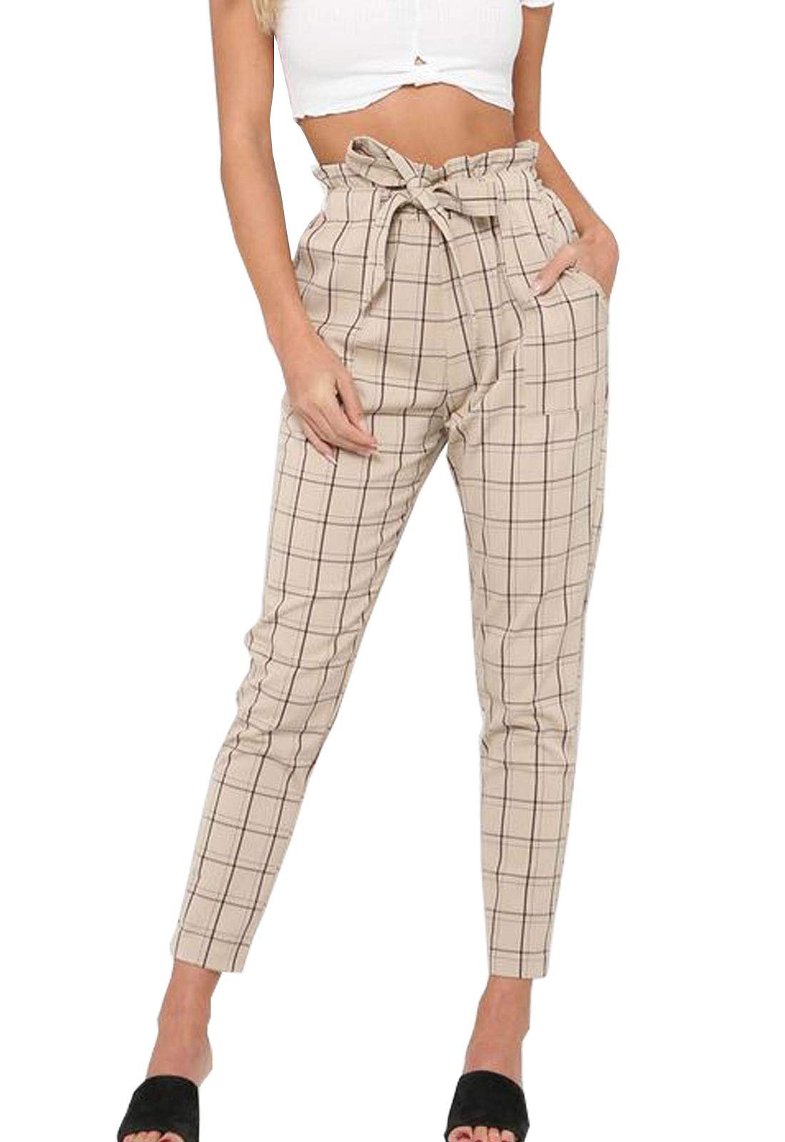 Flygo Womens Casual Trousers Plaid Paper Bag Pants Belted Ankle Length