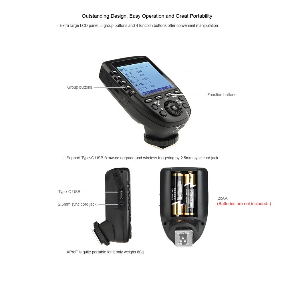 Godox Xpro-F TTL Wireless Flash Trigger Trasmettitore Supporto TTL Autoflash 1 / 8000s HSS Large LCD 5 Pulsanti di gruppo 11 Funzioni personalizzabili per Fujifilm