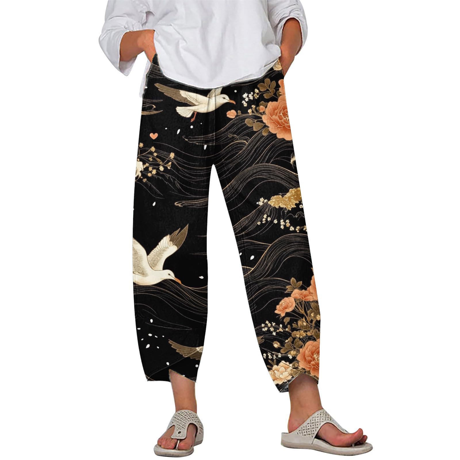 HOTYD Japanese Art Print Capri Pants for Women Elastic High Waist Cropped Pants Summer Casual Baggy Trousers with