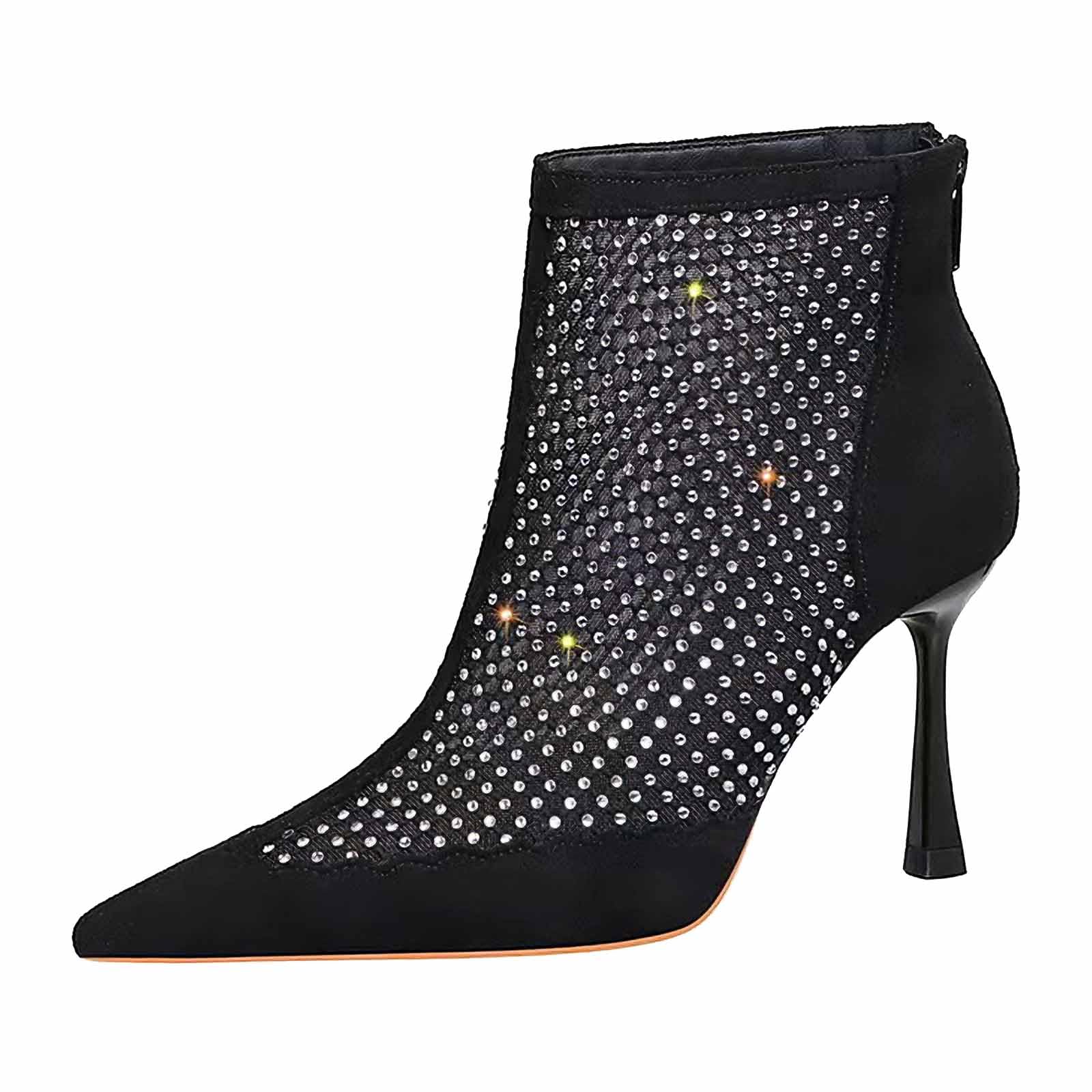 Womens Sparkling Rhinestone Back-Zip Stiletto Heel Ankle Boots Sexy Pointed Toe Hollow Out Breathable Comfortable Slip on High