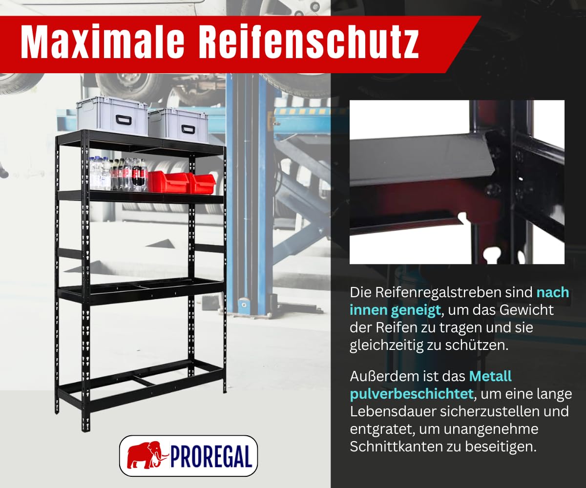PROREGAL Reifenregal Tiger | HxBxT 180x120x40 cm | bis zu 12 Reifen auf 2 Ebene + 2 Ablagen | Schwarz | Werkstattregal, Lagerregal, Kellerregal