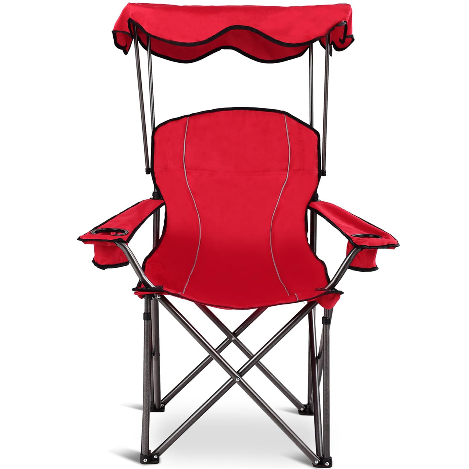 COSTWAY Sedia da Campeggio con Tettuccio, Poltrona da Spiaggia Pieghevole con Portabicchieri, Sedia Mare Leggera e Portatile, con Braccioli, Portata 120 kg (Rosso)