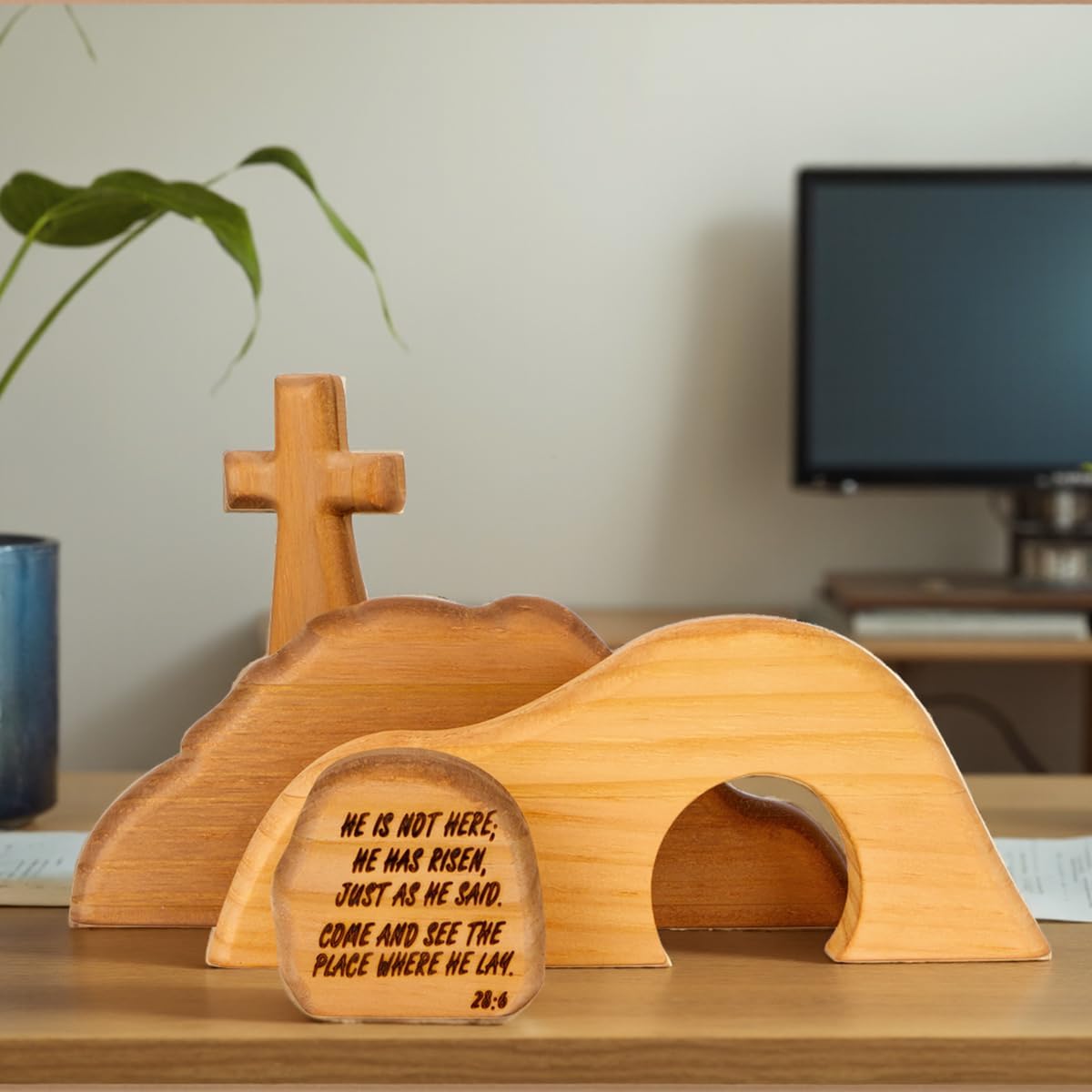 Nativity Set Indoor Christmas Decoration- 4 Pieces Empty Tomb Easter Scene and Cross Decoration, Wooden Easter Resurrection Scene Cross Jesus Tomb Tray Set, Jesus Nativity Scene Decor for Religious Home Office Tabletop Christian Gifts - Image 5