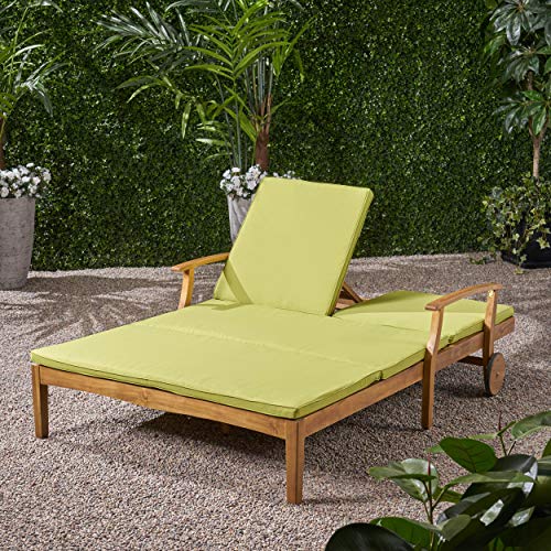 Gdfstudio Samantha Double Chaise Lounge For Yard And Patio, Acacia Wood Frame, Teak Finish With Green Cushions #TOP2