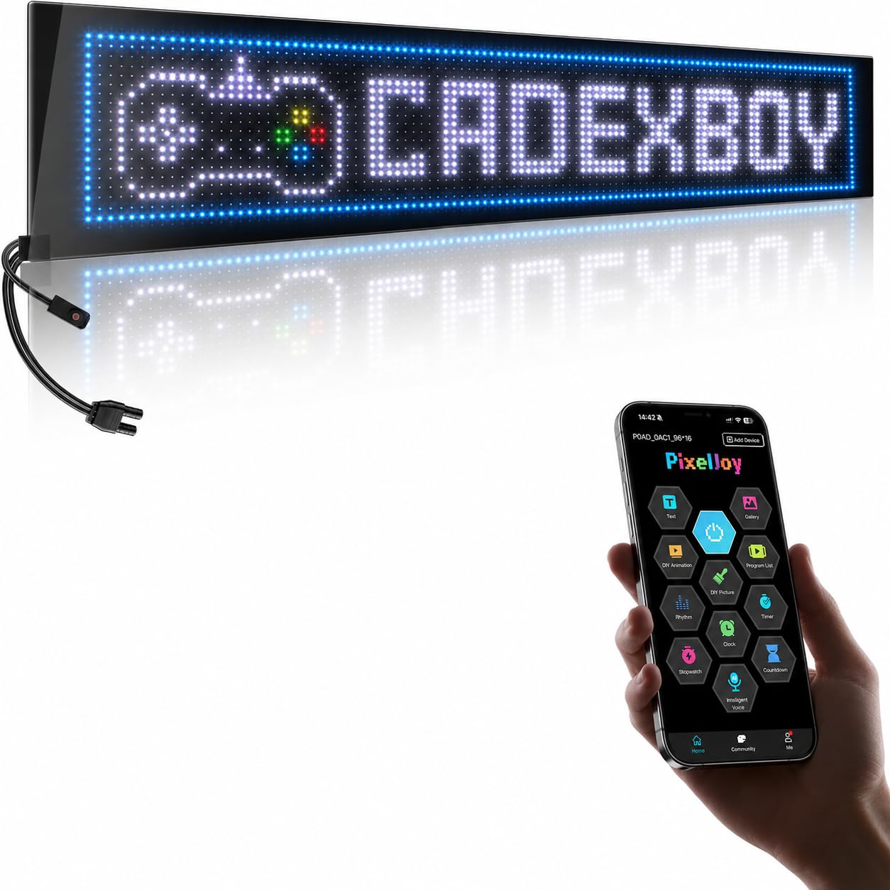 Programmierbare RGB LED-Anzeigetafel 133 × 20 cm mit App & Fernbedienung | Extra breites RGB-Display für lange Lauftexte, Werbung und Animationen in Schaufenstern, Shops, LKW und auf Events.