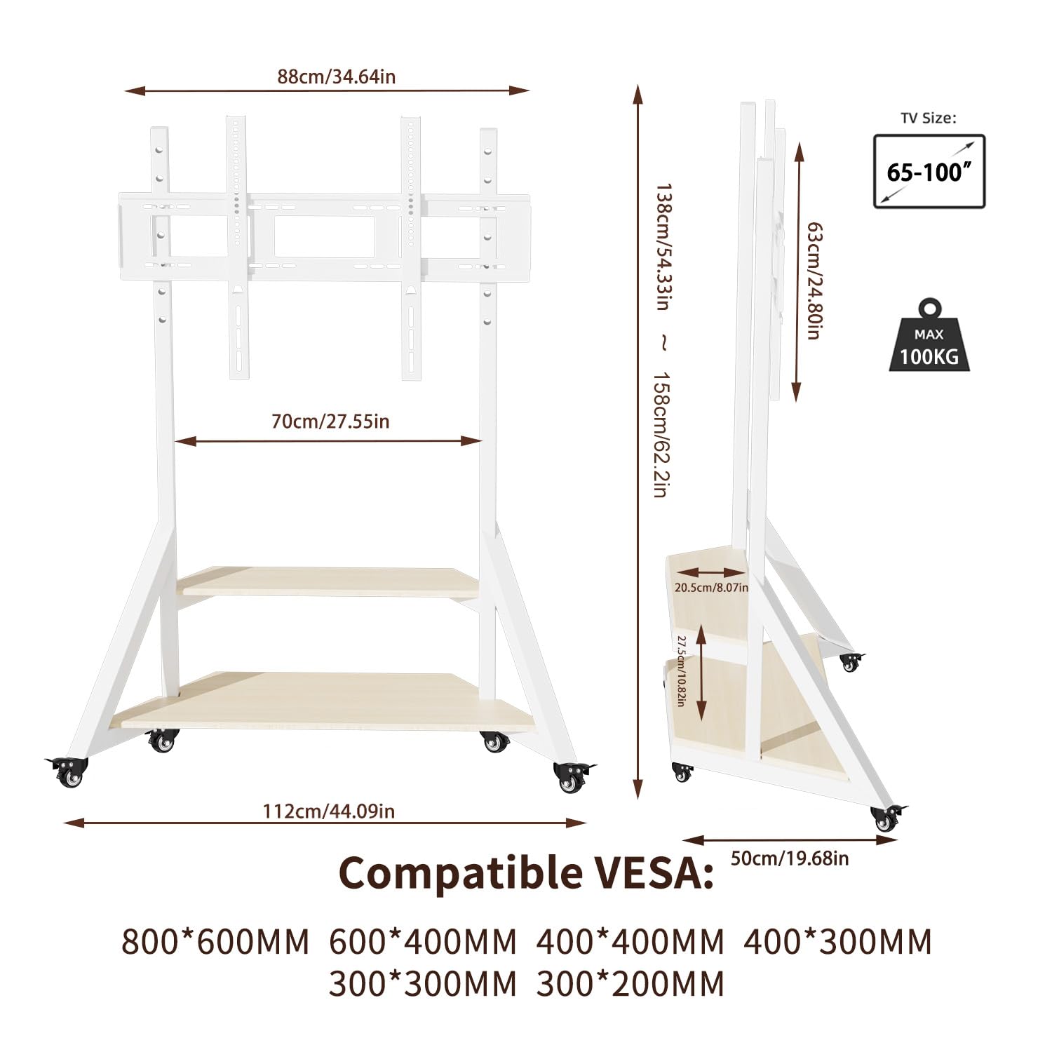 UNHO Soporte TV con Ruedas para 65-100 Pulgadas, Blanco | Soporte de Pie, 2 Estantes, Altura Ajustable 138-158 cm , MAX 100 KG, Vesa 300x200 - 800x600 mm para Salón, Aulas y Oficinas