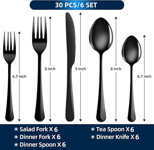 Miniatura 2 de ITITT Juego de cubiertos negros de 30 piezas para 6, cubiertos de acero inoxidable 1810, juego de cubiertos pulidos con espejo, incluye cuchara,