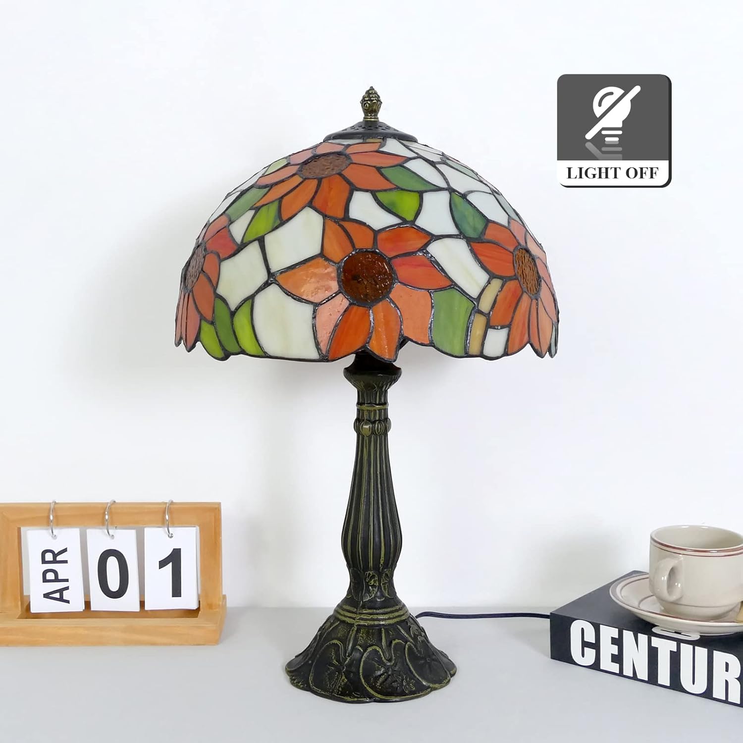 Tiffany Style Table Lamp Sunflower Vintage Table Lamp Stained Glass Lamp Durable Bronze Alloy Base Tiffany Lamps for Bedroom 12" Wide 19" Tall for Living Room Home Office