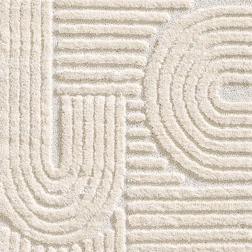 HomebyHome Kurzflor Teppich 160 x 230 cm Creme - Hoch-Tief 3D Effekt, Waschbar, Flauschig und Extra Weich - Skandinavisch Boho Muster für Wohnzimmer, Schlafzimmer, Esszimmer und Küche