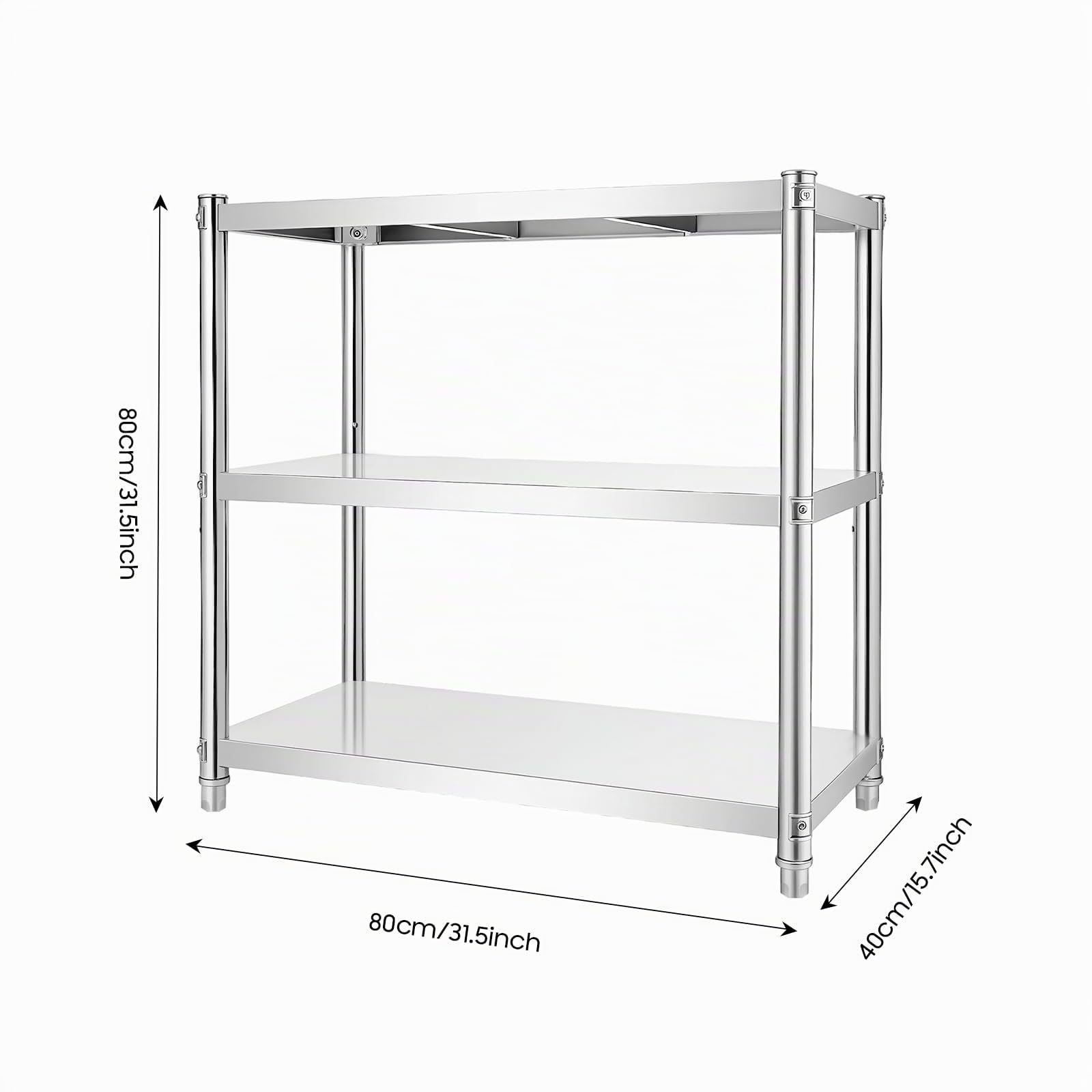 Edelstahl Küchentisch, 80 x 80 x 40 cm Küchenregal Edelstahlregal Arbeitstisch Küchentisch Zerlegetisch 3 Böden Edelstahltisch Gastronomie Regal, 50kg Belastung, Stabil Haushaltsregal platzsparend