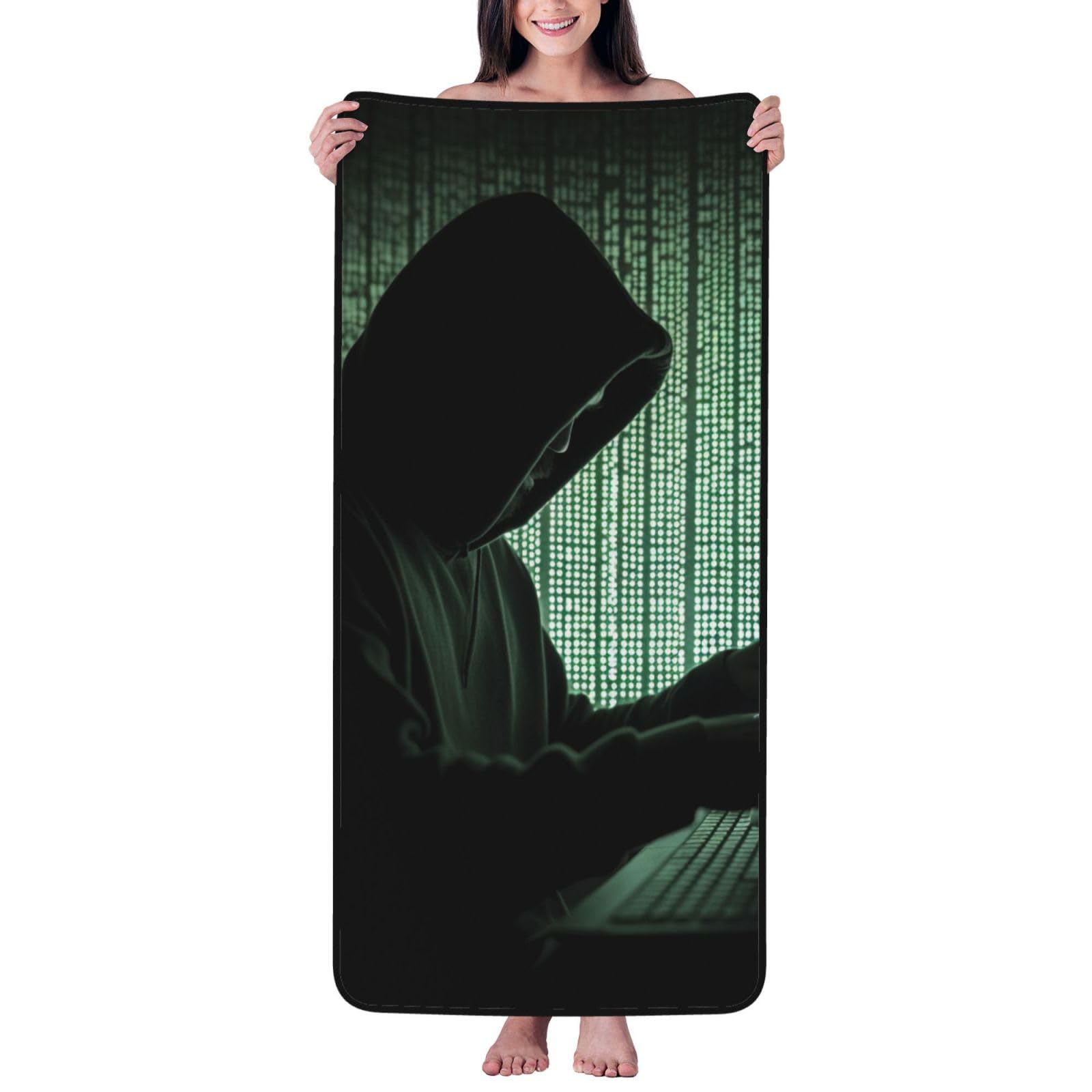 WPKJU Hacker Attack Printed Bath Towel with Black Edging - 27x55 in Soft Extra Absorbent Coral Velvet Shower Towels for Bathroom